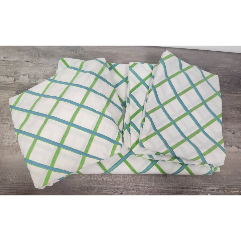 Vintage Cannon Monticello Twin 5 Piece Sheet Set Blue Green Plaid